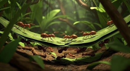 Obraz premium Ants Working Together Carrying Leaf in Forest