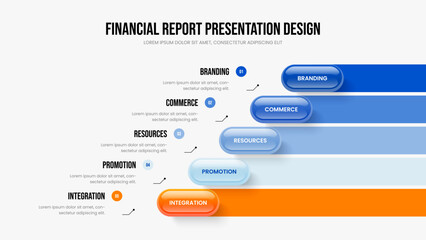 Corporate Analysis Five Element Diagram Slideshow Template. Company Review 5 Step Infographic Slide Layout. Professional Proposal Frame Design Vector Illustration.