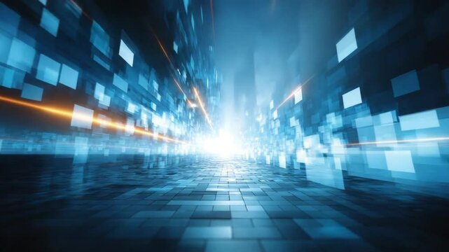 Futuristic cityscape with glowing blue pixels and light beams creating a dynamic atmosphere