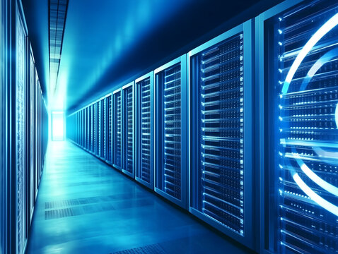 Modern data center interior with rows of illuminated blue servers in perspective, representing cloud computing, digital storage, cybersecurity, and AI technology infrastructure, generated by