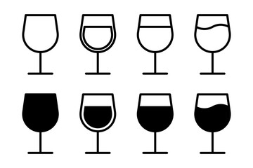 Vector isolated Wine Glass icon set in black outline and fill