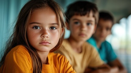 A candid shot of a girl with a pensive expression, seated with friends blurred in the background, evoking emotions of reflection and friendship in a social setting.