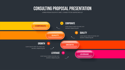 Corporate Showcase Slide Layout Vector Illustration. Marketing Visualization 4 Option Infographic Frame Template. Professional Review Four Step Diagram Slideshow Design.