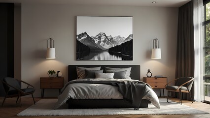 This modern home interior showcases a comfortable living room with a stylish sofa and a cozy bedroom featuring a luxurious bed and soft pillows