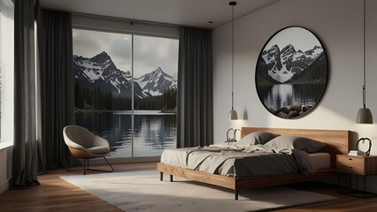 Fototapeta premium This modern home interior showcases a comfortable living room with a stylish sofa and a cozy bedroom featuring a luxurious bed and soft pillows