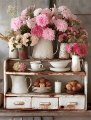 Rustic white shabby chic vintage cabinet with pink dahlia flower arrangements in weathered pitchers, teacup and fresh pastries on distressed farmhouse shelving.