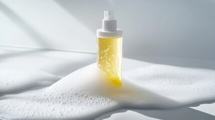 A clear beauty product that contains a split of yellow oil and water with thick foamy suds. 4