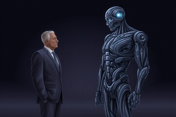 Encounter between a distinguished business professional and a futuristic humanoid robot exploring the intersection of technology and humanity in a captivating, high-tech setting