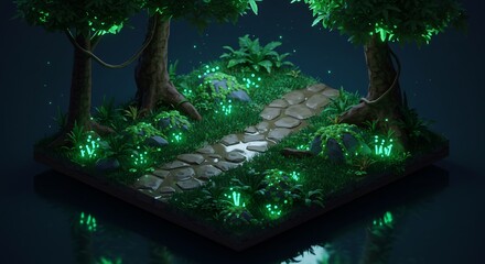 Walking on Stone Path Through Glowing Forest Landscape