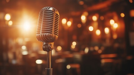 A microphone on a stage with stage lights shining on them, blurred stage background. 2