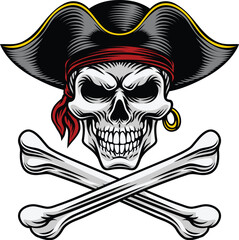 Pirate skull crossbones wearing a tricorn captain hat with crossing bones. In a vintage retro woodcut style.