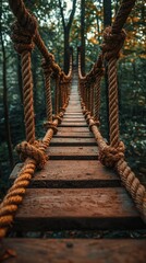 Fototapeta premium Forest bridge Rustic rope & wood in verdant woodland setting