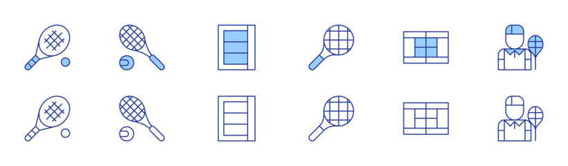 Tennis icon set in two styles, Duotone and Thin Line style. Editable stroke. tennisracket, tenniscourt, tennisplayer