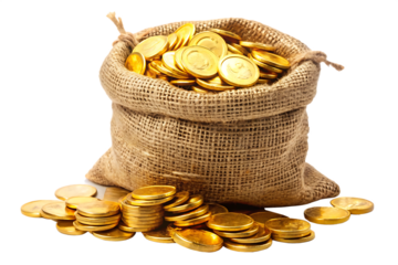 A bag of golden coins isolated on white background.