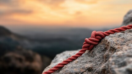 A vivid red rope is tightly knotted and secured on a rugged rock, symbolizing strength and stability amidst the challenges of mountain climbing and outdoor adventures.