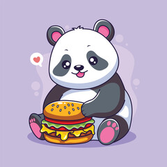 cute panda with hamburger and cheeseburger vector illustration