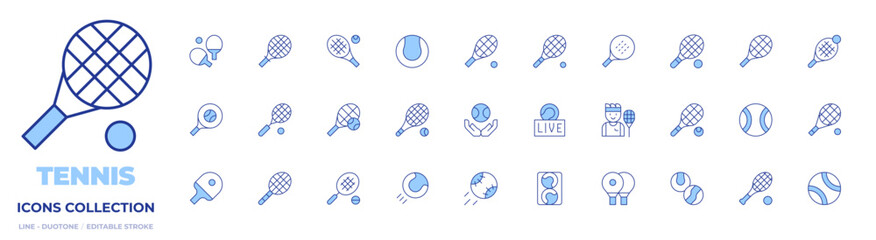 Tennis icons collection. Line Duotone style, editable stroke. tennis, tennisball, tennisracket, tabletennis