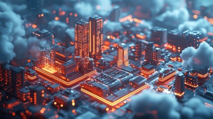 abstract background with particles, Cloud computing illustration, stylized futuristic workspace with floating cloud interfaces displaying synchronized files and applications.