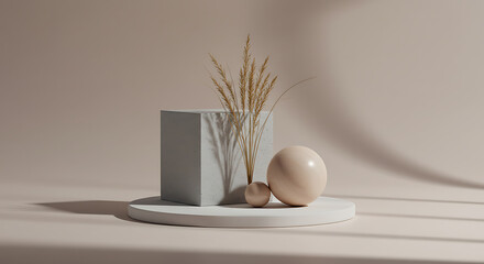 Fototapeta premium Minimalistic still life composition with geometric shapes and dried grass 