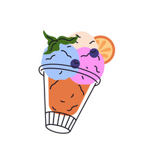 Balls of different flavors of gelato, sorbet, sundae in glass. Ice cream cup decorated with berries, fruit. Tasty icecream, frozen summer dessert. Flat isolated vector illustration on white background