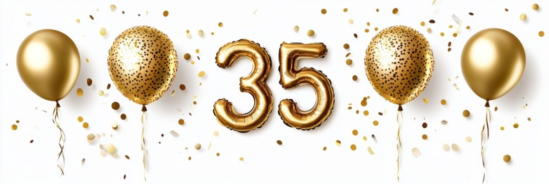 Golden Foil Balloon Number 35 with Helium Balloons, Confetti, and Copy Space for 35th Birthday