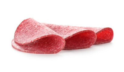 Slices of tasty smoked sausage isolated on white