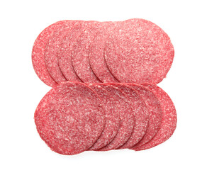 Slices of tasty smoked sausage isolated on white, top view