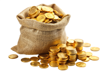 A bag of golden coins isolated on white background.