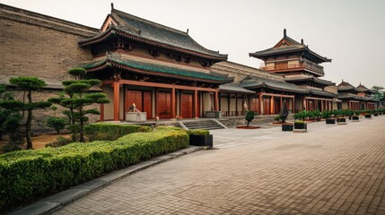 Naklejka premium Ancient Chinese architecture, serene courtyard
