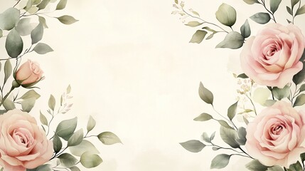 A luxurious wedding invitation design featuring floral borders with pink roses and eucalyptus leaves. 15