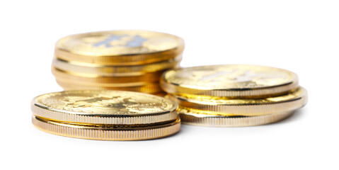 Cryptocurrency. Many golden bitcoins isolated on white