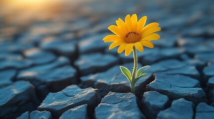 A single yellow flower growing in the cracked earth of an arid desert. 15