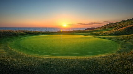 Scenic Golf Putting Green Overlooking the Ocean at Sunset golf sunset ocean putting putting green