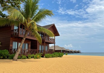 Tropical beach resort with wooden bungalows and palm tree