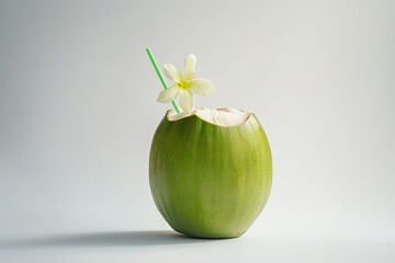 Fresh green coconut with a straw and small flower, capturing the essence of a tropical summer experience on a clean white background.