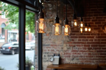 Obraz premium Glowing Edison bulbs against textured brick, evoking a cozy gathering space