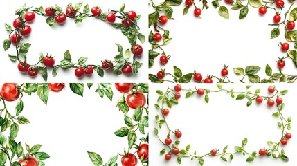 Four tomato vine frames, arranged in a grid pattern, with vibrant red tomatoes and fresh green leaves, creating a border around a white background