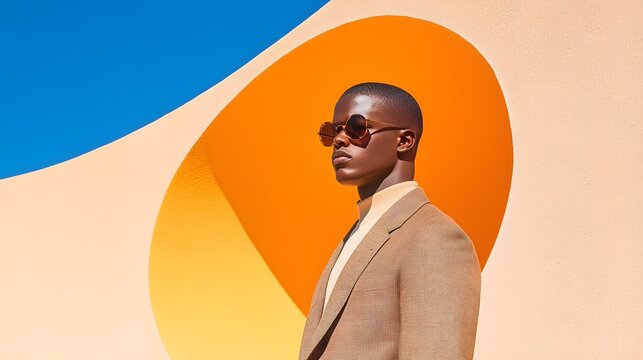 Portrait of a Man in a Brown Suit and Sunglasses Against an Abstract Geometric Background