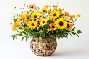 Naklejka premium Vibrant bouquet of wild daisies and sunflowers in a rustic woven vase, captured in delicate detail under soft sunlight.