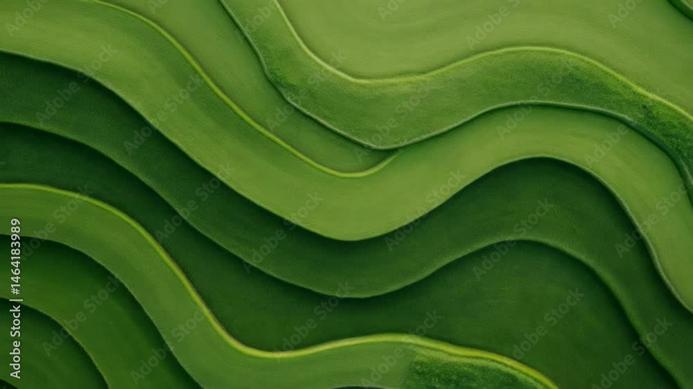 Poster Aerial view revealing verdant landscape, geometric patterns emerging from curving terrain, green terrain creating mesmerizing visual rhythms and organic abstract design