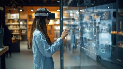 Woman experiences virtual reality shopping.  Interactive digital interface, futuristic shopping experience,  virtual try-on,  augmented reality display,  VR retail