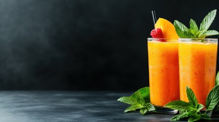 Two vibrant fruit smoothies adorned with fresh mint create a refreshing visual, symbolizing health, vitality, and the joy of savoring natural flavors.
