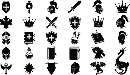 Game fantasy icon set, vector magic dungeon dragon RPG sign, medieval warrior avatar, fairytale sign. Knight battle sword, armour helmet, power weapon, witch hat, potion cauldron.