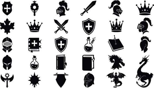 Game fantasy icon set, vector magic dungeon dragon RPG sign, medieval warrior avatar, fairytale sign. Knight battle sword, armour helmet, power weapon, witch hat, potion cauldron.