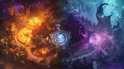 Fantastic digital photo depicting a fantasy landscape showcasing warring villages with magical portals