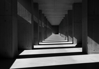 Architectural corridor with concrete pillars and geometric shadows