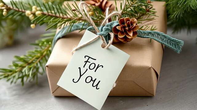 Rustic gift wrapped in craft paper with pine cones and evergreen branches for a personalized holiday present.