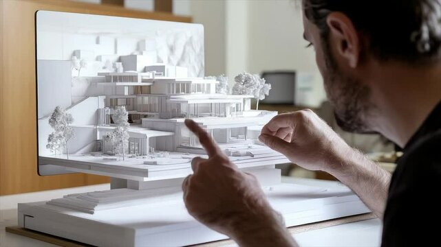 Architect examines 3D model of house