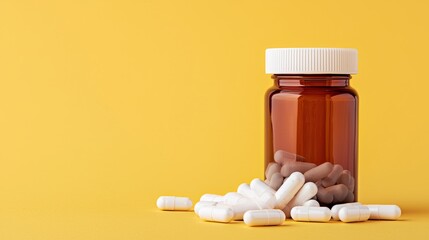 Brown Pill Bottle with White Pills on Vibrant Yellow Background Symbolizing Health and Medication