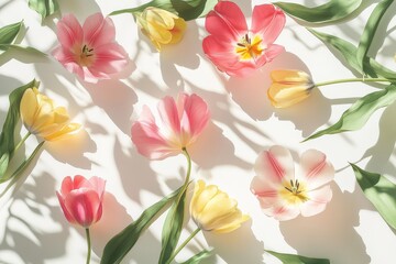 Obraz premium Vibrant pink and yellow tulips blooming in a lush garden, softly illuminated by morning light on a pristine white background.